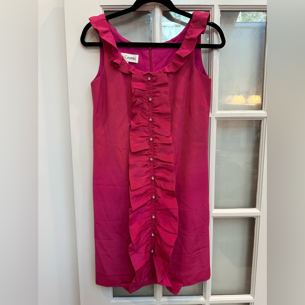 Vintage Sara Campbell Silk Vibrant Pink Ruffle Diamond Front Dress Size 2 XS